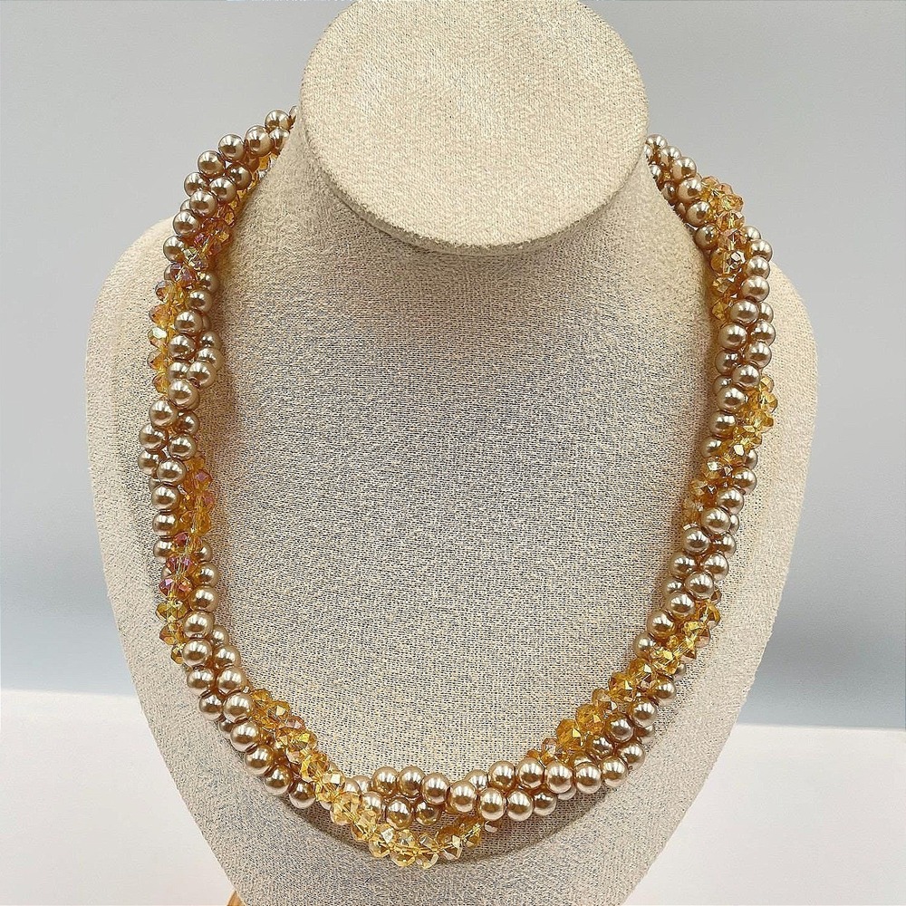Adjustable Amber-Tone Faceted Glass Faux Pearls Beads Torsade Lobster Necklace